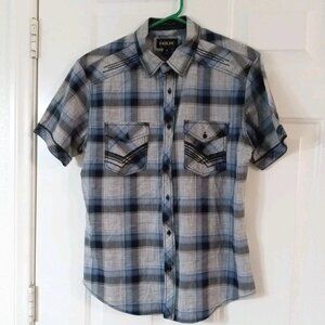 HELIX Men's Medium Western Athletic Fit Gray Plaid Button Up Short Sleeve Shirt